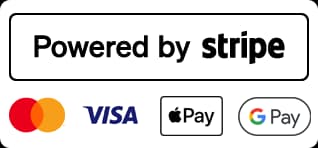 Powered by Stripe — Visa, Mastercard, Apple Pay, Google Pay