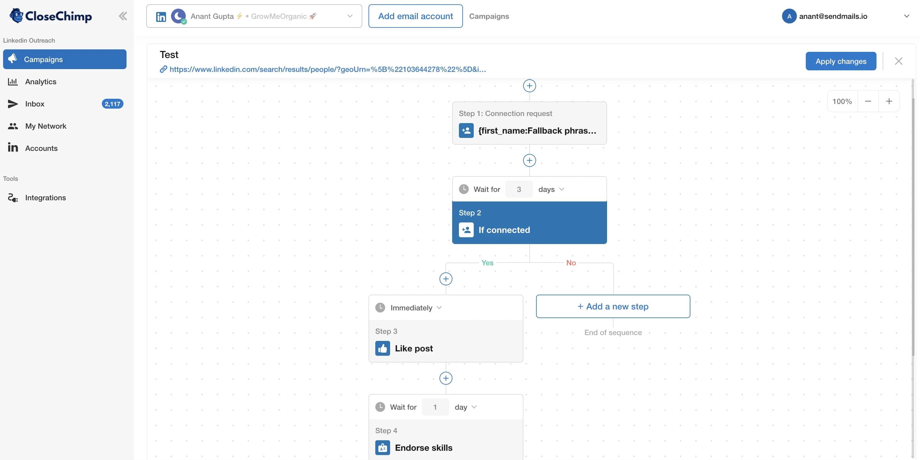 Secuencia drip de LinkedIn multi-paso en CloseChimp con solicitud de conexión, mensaje, espera y rama