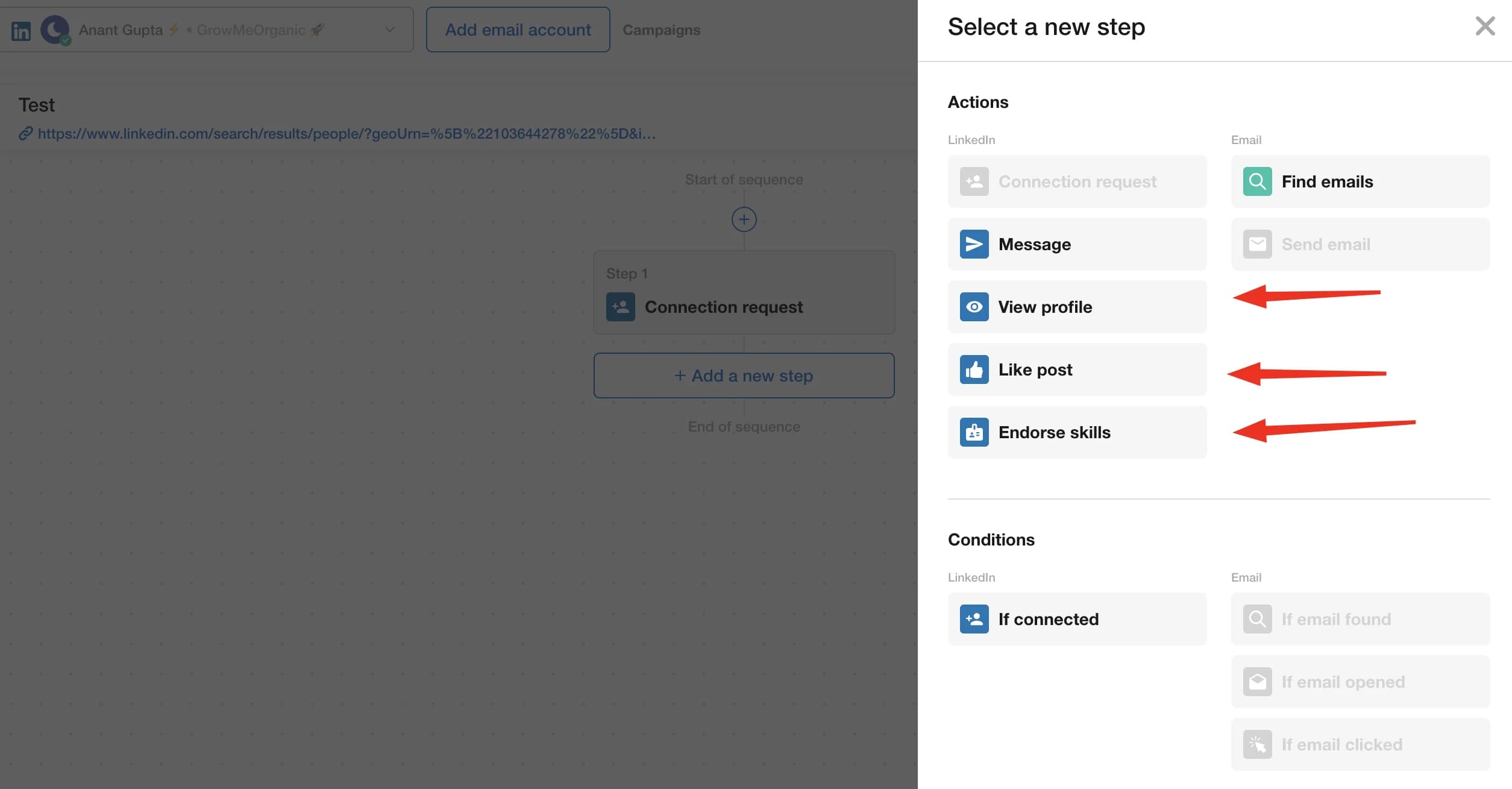 Acciones de engagement en LinkedIn en CloseChimp: like a un post, recomendar una skill, visitar un perfil