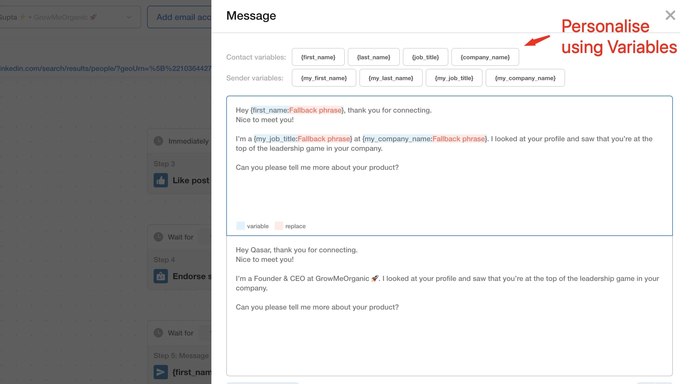 Personalización de mensajes de LinkedIn en CloseChimp con variables dinámicas de nombre, empresa y puesto