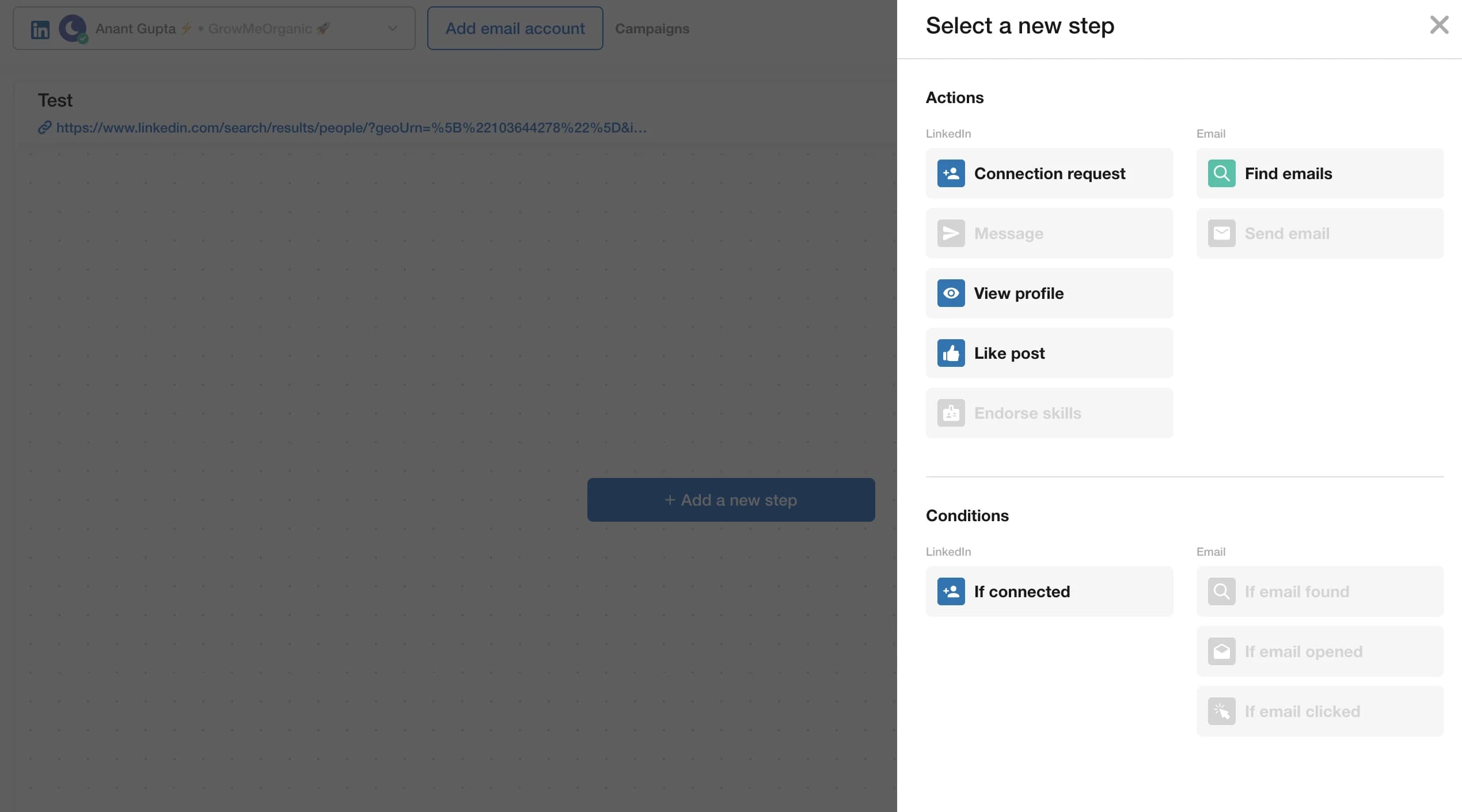 Paso automatizado de solicitud de conexión en LinkedIn en CloseChimp con nota personalizada