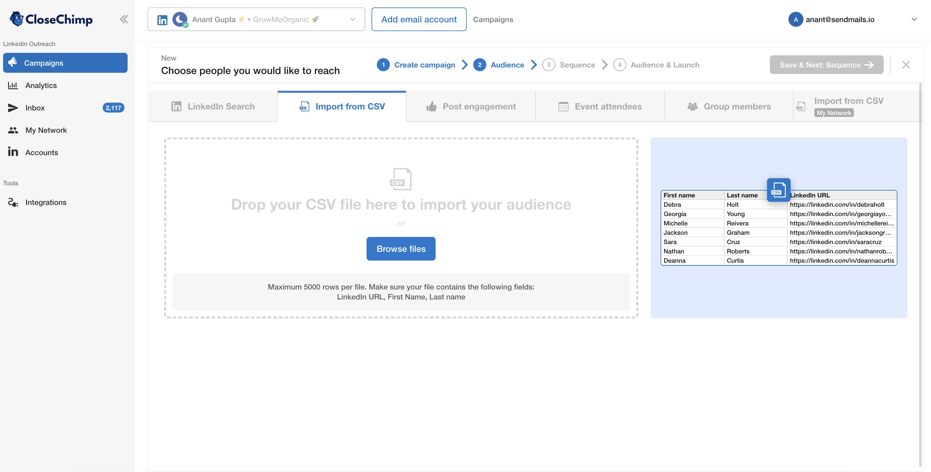 Subida masiva de un CSV de URLs de perfiles de LinkedIn a una audiencia CloseChimp