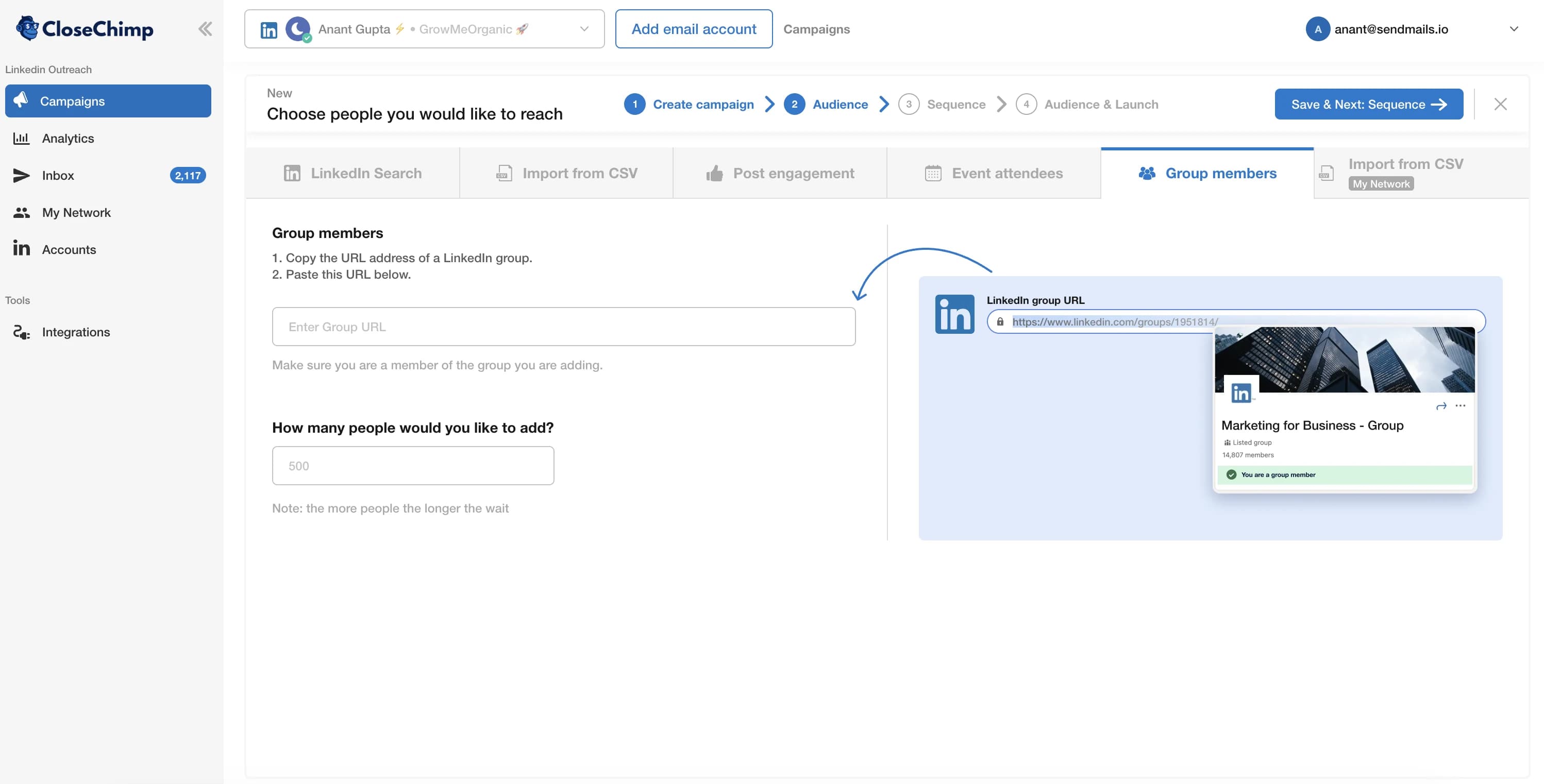 Convertir los miembros de un grupo de LinkedIn en una audiencia de prospección caliente con CloseChimp