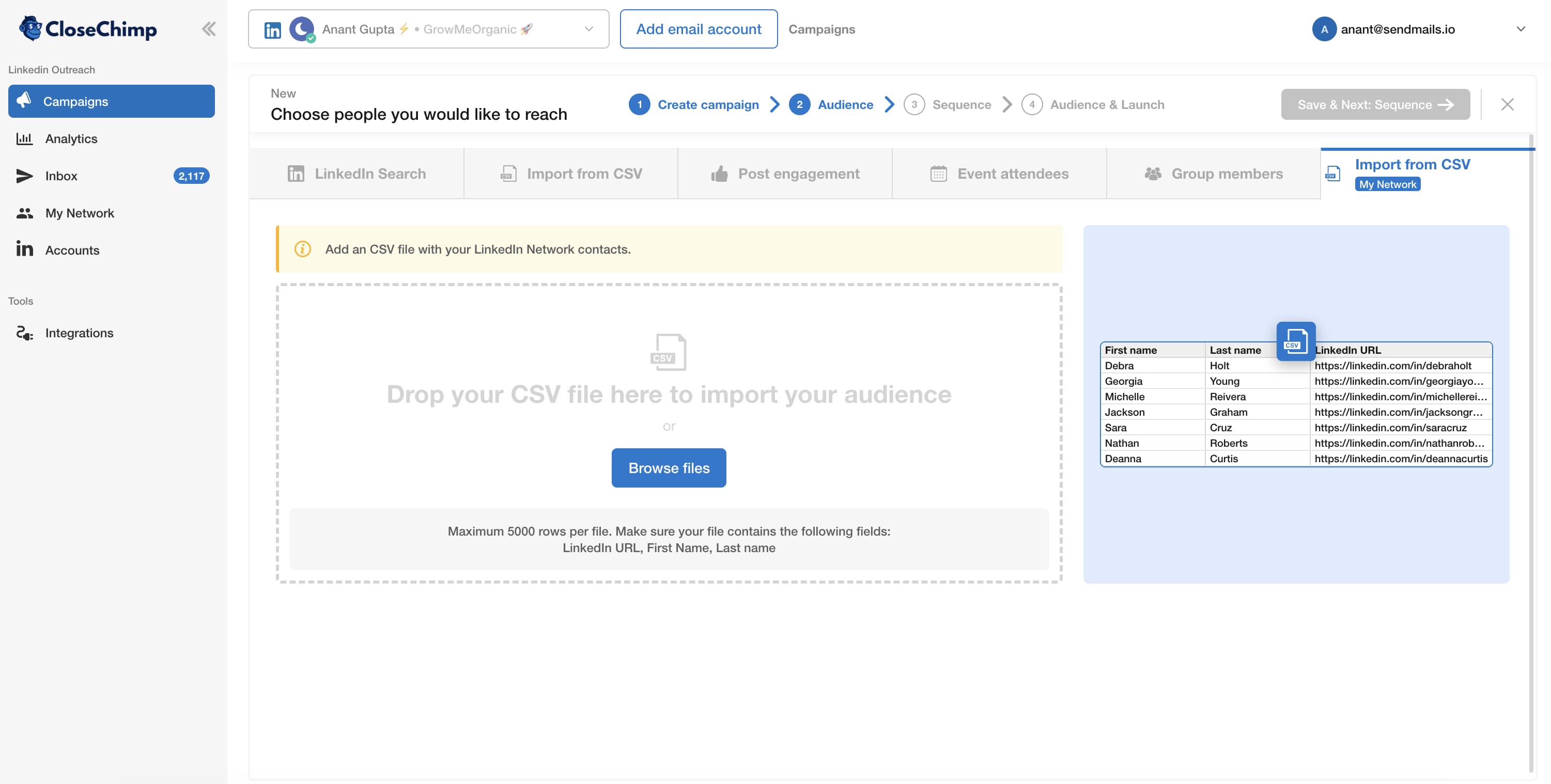 Reenganchar conexiones de LinkedIn de primer grado como audiencia caliente en CloseChimp
