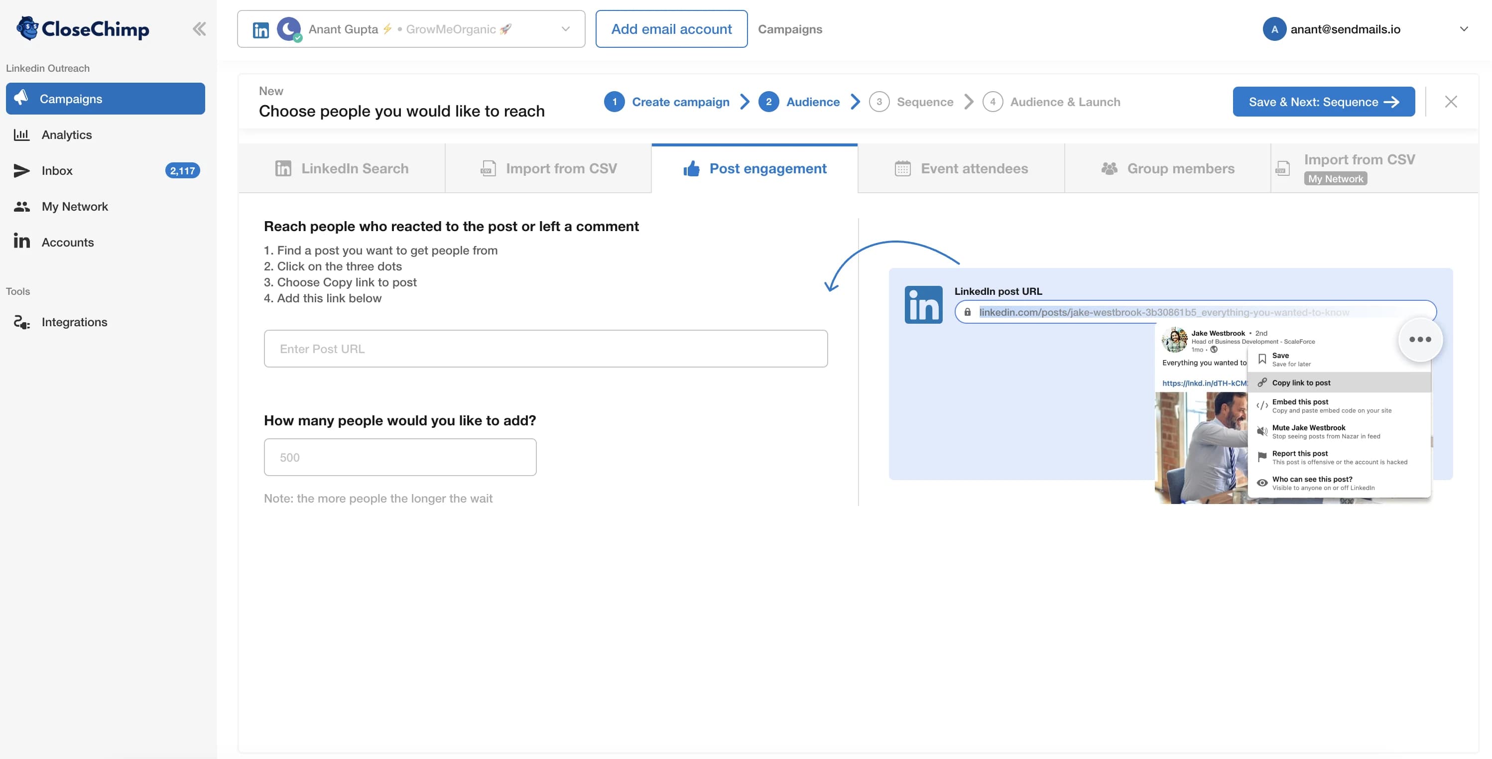 Construir una audiencia de LinkedIn a partir de reacciones y comentarios de un post en CloseChimp