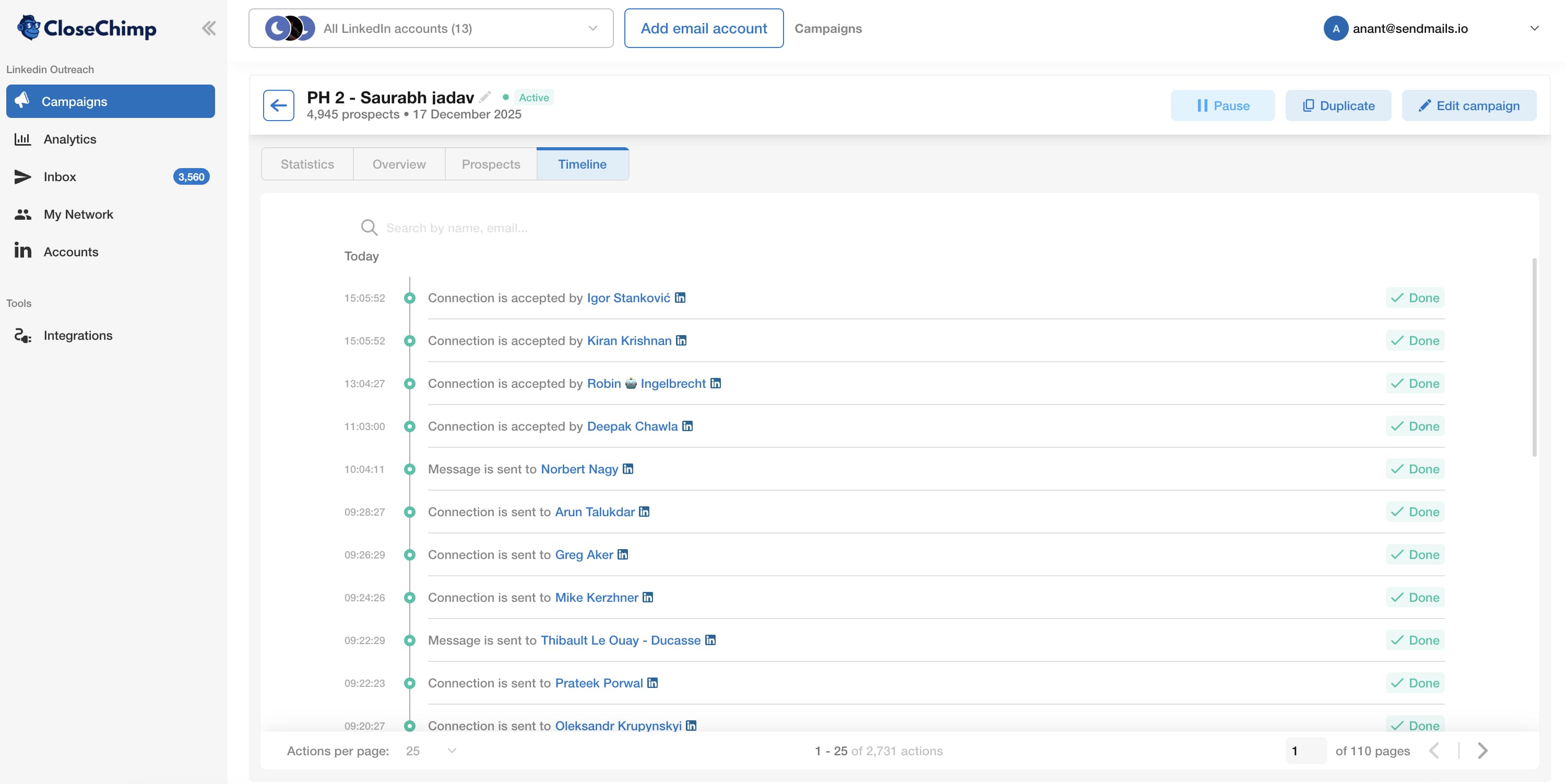 Timeline de actividad de LinkedIn en CloseChimp con cada conexión y mensaje con timestamp