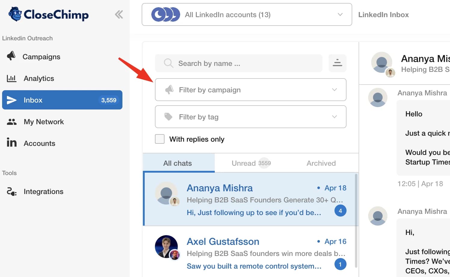 Filtrar conversaciones de la inbox de LinkedIn por campaña, tag y estado de respuesta en CloseChimp