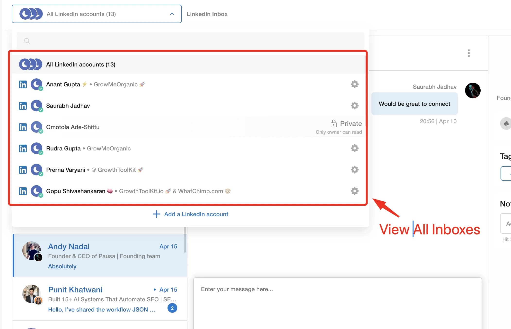 Cambio multi-cuenta de LinkedIn en el dropdown de la inbox de CloseChimp