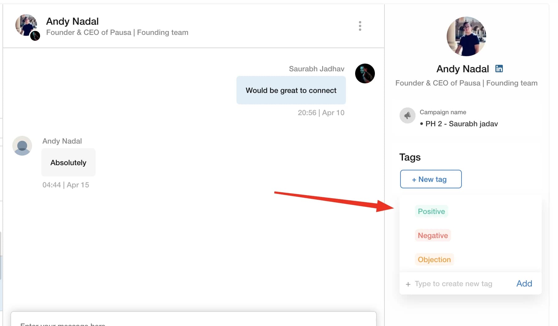 Etiquetado de respuestas de LinkedIn Positiva, Negativa u Objeción en la inbox de CloseChimp
