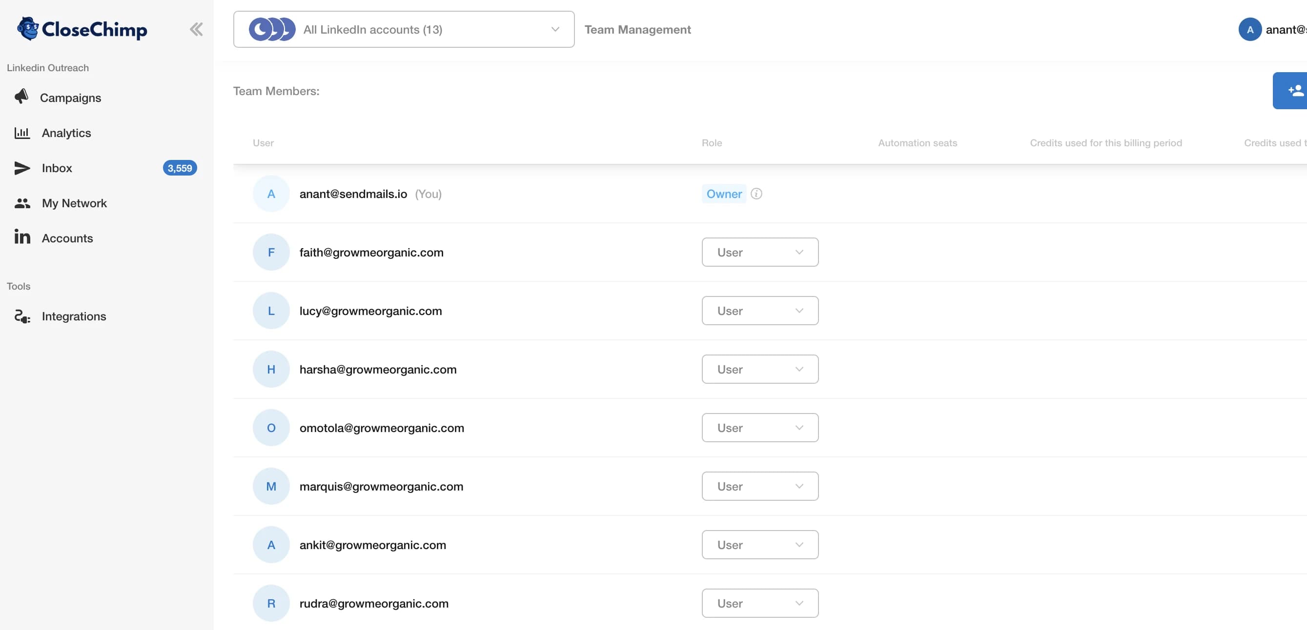 Colaboración de equipo y controles de acceso por rol para cuentas LinkedIn en CloseChimp